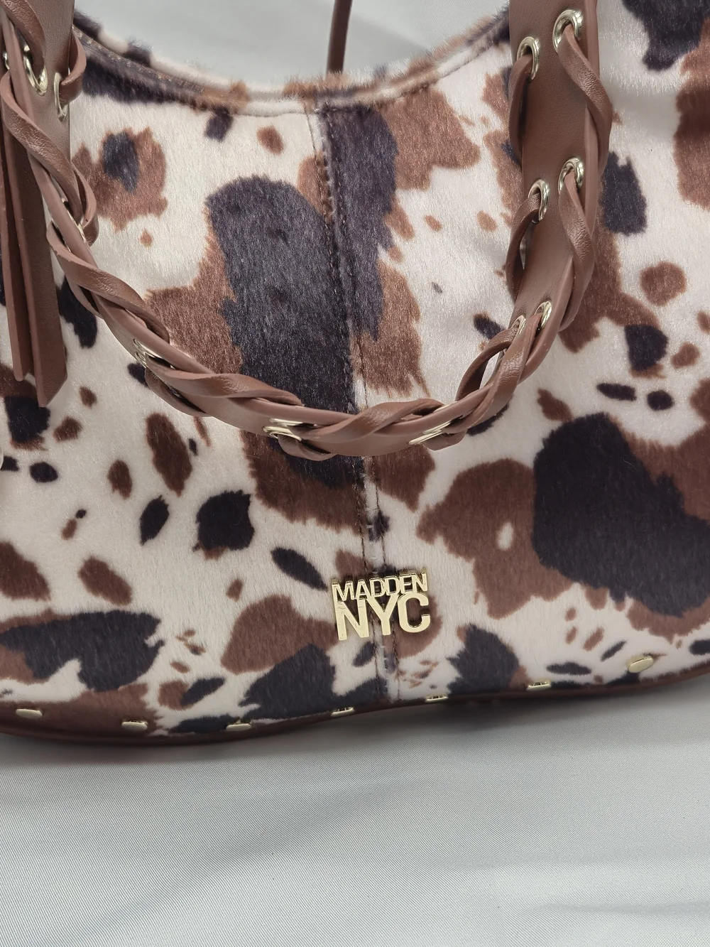 Brown & Cream Cow-Print Hobo Bag